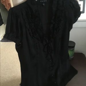 Black Silk Button Front Short Sleeve Blouse, Sz. L